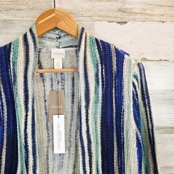 NWT Chico's Boho Linen Broken Stripe Cocoon Sweater Cardigan Medium Blue Cozy - Picture 11 of 16